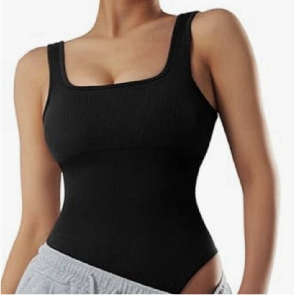 Mooslover Women's Ribbed Square Neck Black Bodysuit Shapewear NWT - Size XL